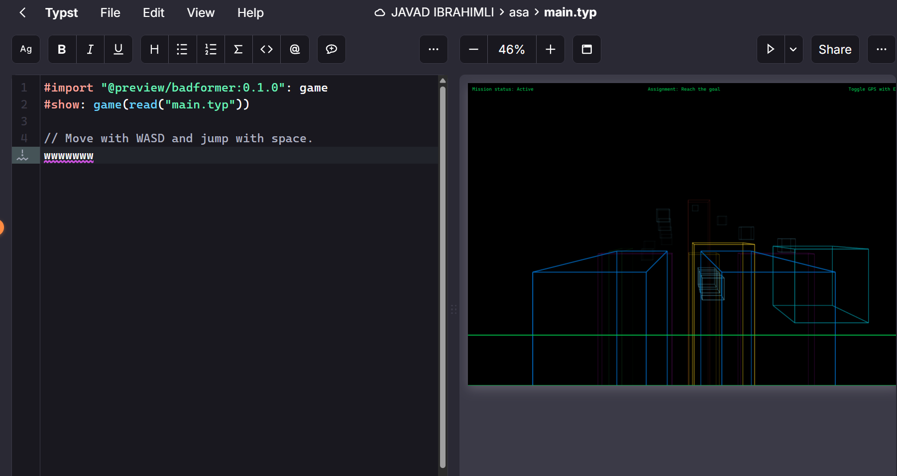 Badformer — 3D wireframe game running inside Typst