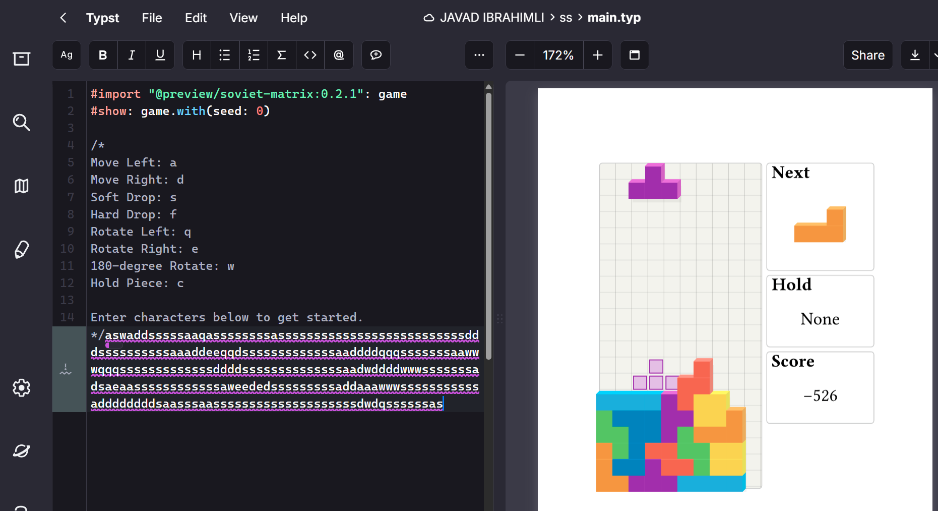 Tetris running inside a Typst document