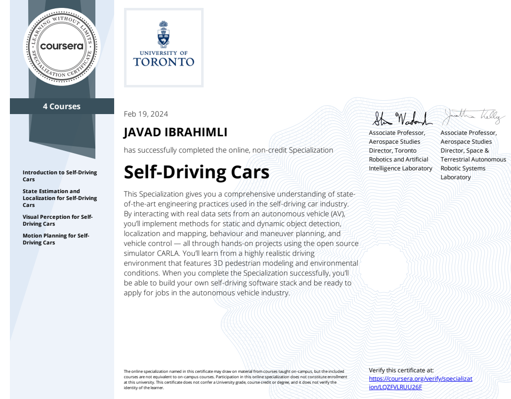 Self-Driving Cars Specialization Certificate